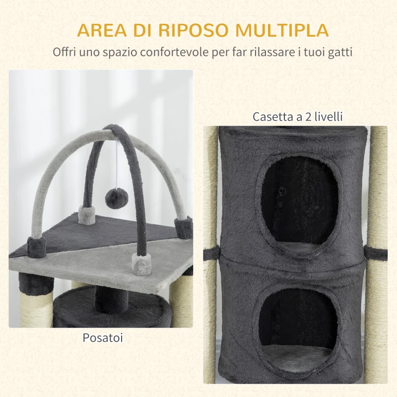 PawHut Tiragraffi per Gatti max 5kg con Casetta, Lettino e Pallina da Gioco, in Truciolato, Peluche e Iuta, 39x39x114 cm