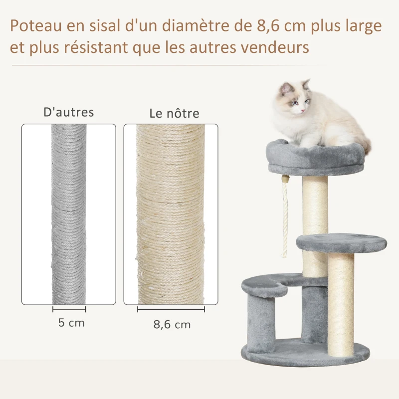 PawHut Arbre à chats 2 griffoirs grattoirs sisal naturel 3 plateformes corde à grimper dim. Ø 40 x 65H cm peluche haute densité 500 g/m² gris