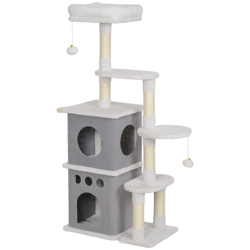 PawHut Rascador para Gatos 126 cm Torre para Gatos con Nidos Plataformas Bolas Colgantes y Postes de Sisal Crema