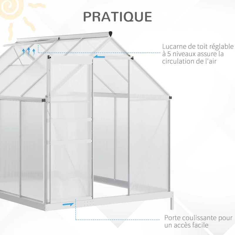 Outsunny Serre de Jardin en Polycarbonate 4,8 m² dim. 1,9L x 2,53l x 1,99H m avec Fondation, Lucarne réglable, Porte coulissante - Argent et Transparent