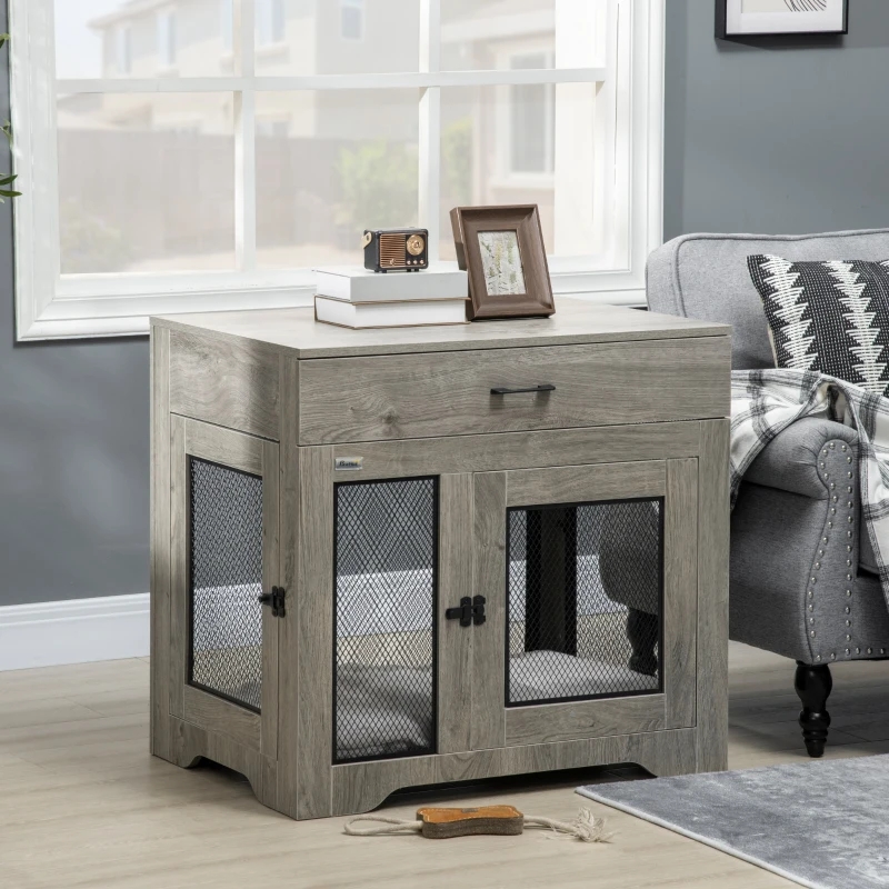 PawHut Dog Cage End Table with Two Doors, Drawer, for Medium Dogs - Grey
