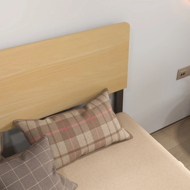 HOMCOM Cadre de lit double en acier avec sommier et tête de lit compatible matelas 140 x 190 cm aspect bois foncé