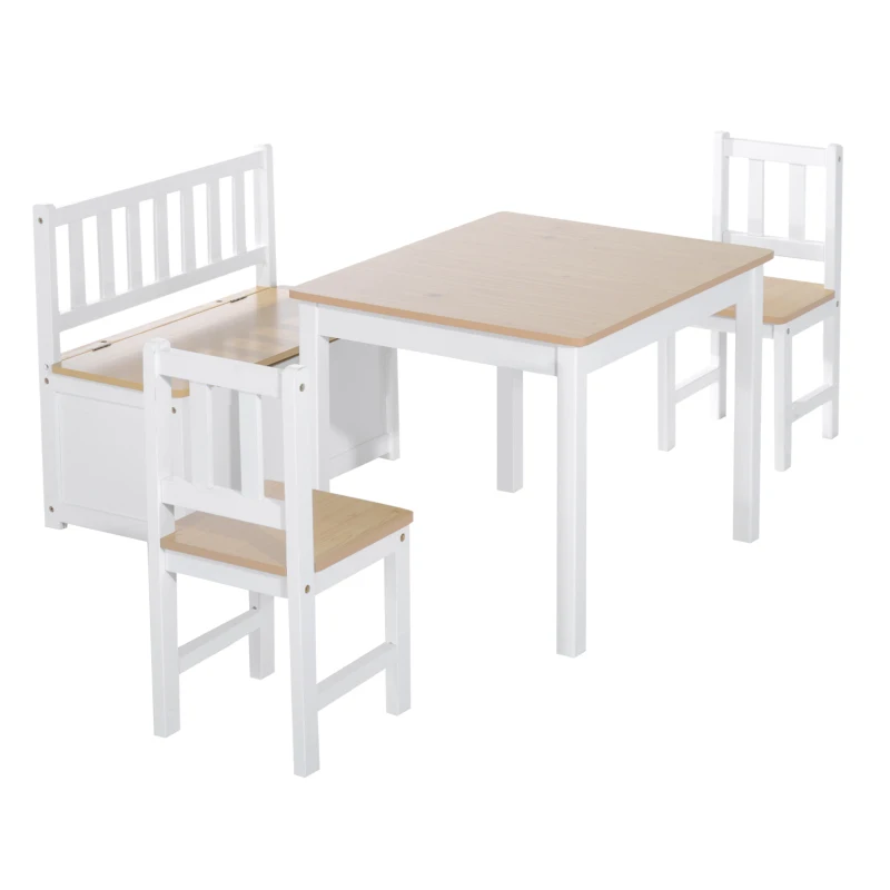 HOMCOM 4-Piece Kids Table and Chair Set with 2 Wooden Chairs, 1 Storage Bench, and Interesting Modern Design, Beige/White