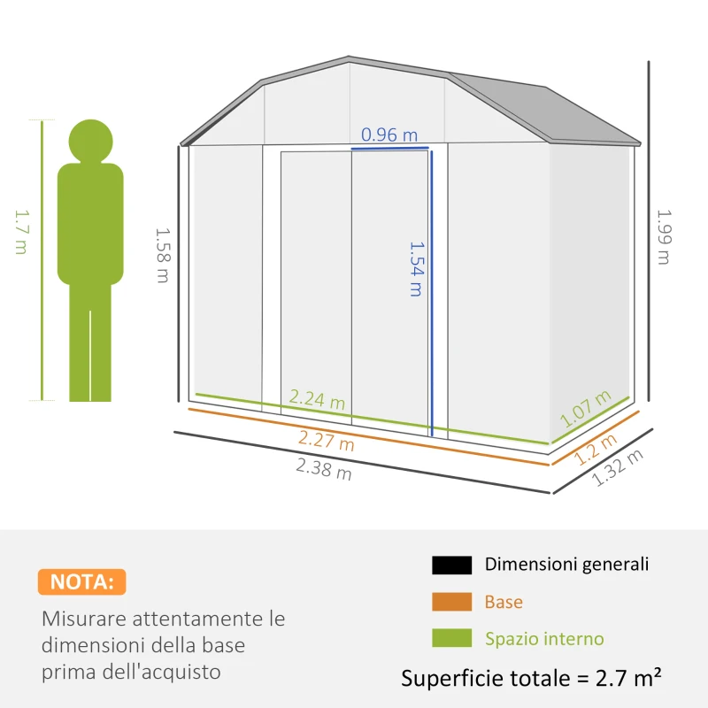 Outsunny Capanno Porta Attrezzi con Ripiani Regolabili e 2 Finestre, in Acciaio Zincato, 238x132x198.5 cm, Grigio Scuro