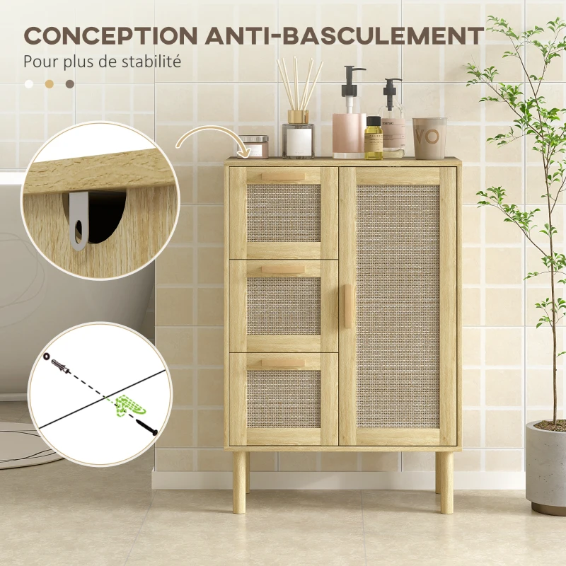 HOMCOM Armoire meuble de rangement style bohème avec 3 tiroirs et 3 étagères, façade rotin tissé, compact, 55 x 30 x 82 cm