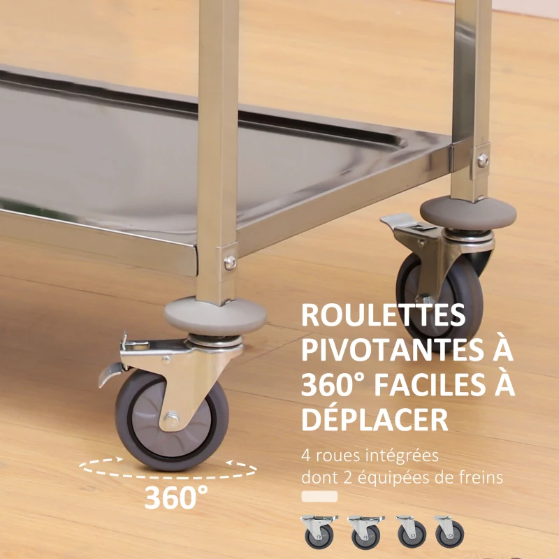 HOMCOM Desserte de cuisine à roulettes à 3 étagères, chariot de rangement en acier inox., chariot de cuisine et salle à manger, 90,5 x 50,5 x 88,2 cm, argenté