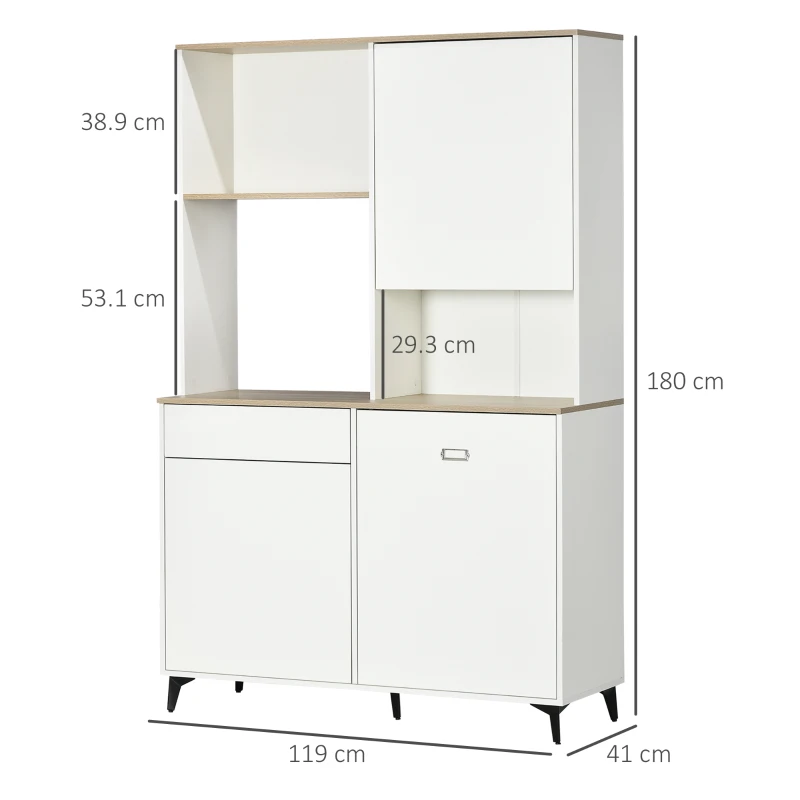HOMCOM Dispensa Cucina in Truciolato e MDF con Ripiani Aperti, Armadietti e Cassetto, 119x41x180 cm, Bianco