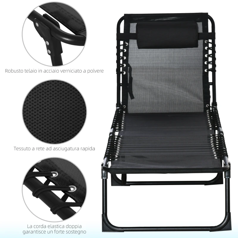 Outsunny Lettino Prendisole in Acciaio e Tessuto Traspirante con Schienale Reclinabile, 189x58x30 cm, Nero