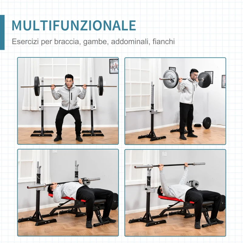 HOMCOM Set 2 Rack Porta Bilanciere in Acciaio, 2 Ganci con Altezza Regolabile, Capacità 150kg, 55x57x105-170cm, Nero