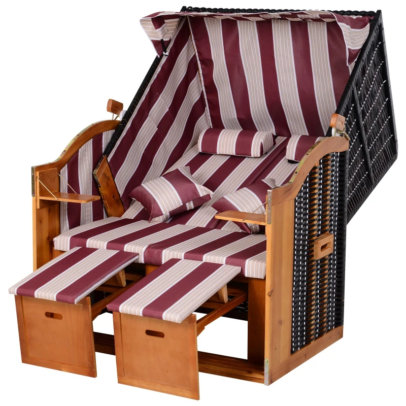 Outsunny Corbeille de plage 2 places - Cabine chaise de plage inclinable - abri plage strandkorb - coussins, repose-pieds, tablettes, pare-soleil - bois résine tressée polyester beige bordeaux