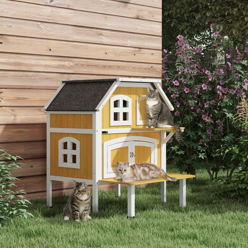 PawHut Outdoor Cat Shelter 2 Tiers Wooden Feral Cat House with Openable Asphalt Roof, Escape Doors, Terrace, for 1-2 Cats