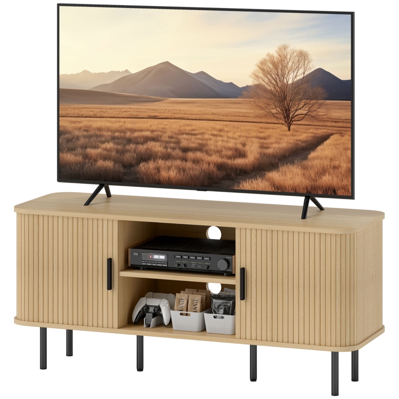 HOMCOM Meuble TV avec 2 portes tambour à lamelles design scandinave pour télévision jusqu'à 55 pouces 120 cm ton chêne