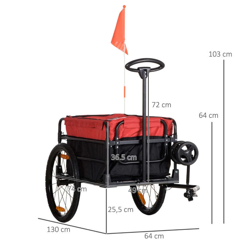HOMCOM Remorque à vélo ou piéton capacité 100L avec barre d'attelage universelle et tissu Oxford - drapeau et réflecteurs - dim. 130L x 64l x 64/103H cm