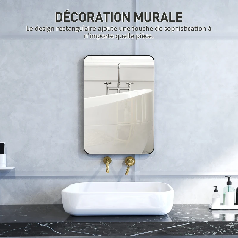 HOMCOM Miroir murale miroir salle de bain rectangulaire avec cadre en alliage d'aluminium noir pour chambre, salon 50 x 70 cm