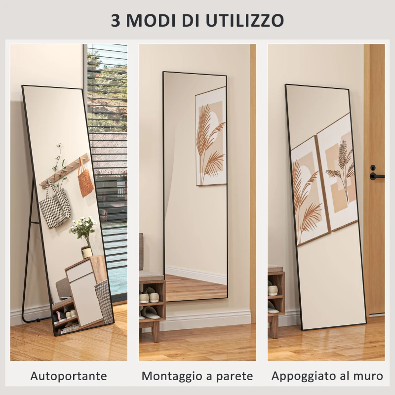 HOMCOM Specchio da Terra Moderno a Figura Intera, Design Autoportante o da Parete, 40x150 cm, Nero