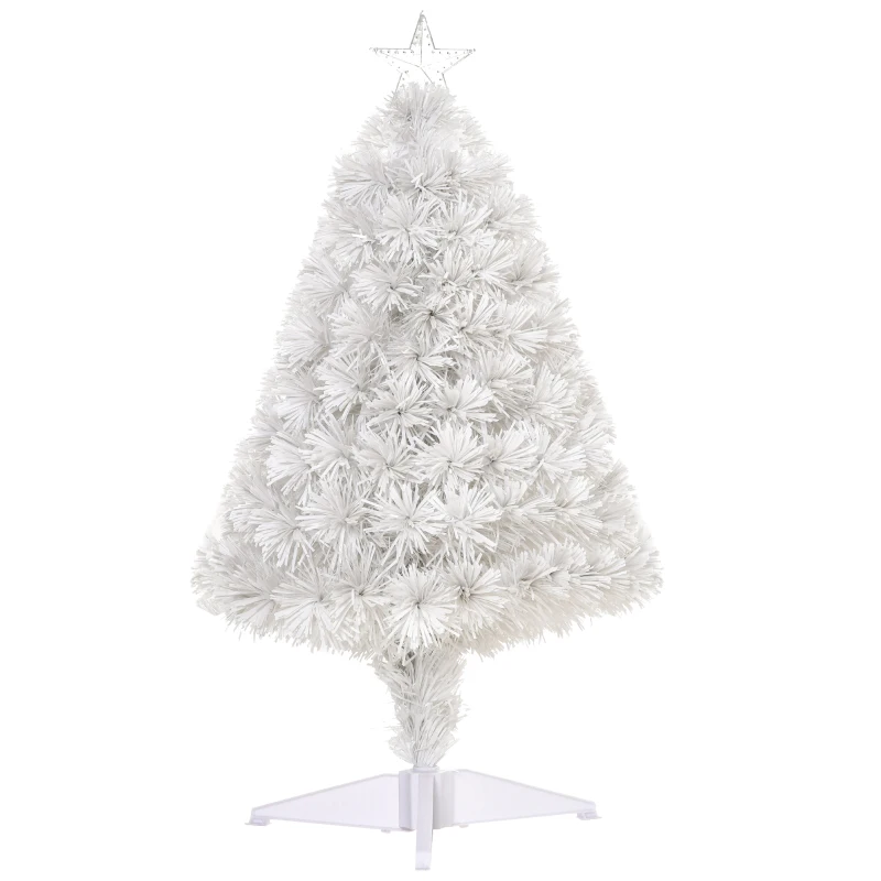 HOMCOM 2.5FT Prelit Artificial Tabletop Christmas Tree with Fibre Optics Holiday Home Xmas Decoration for Table and Desk, White