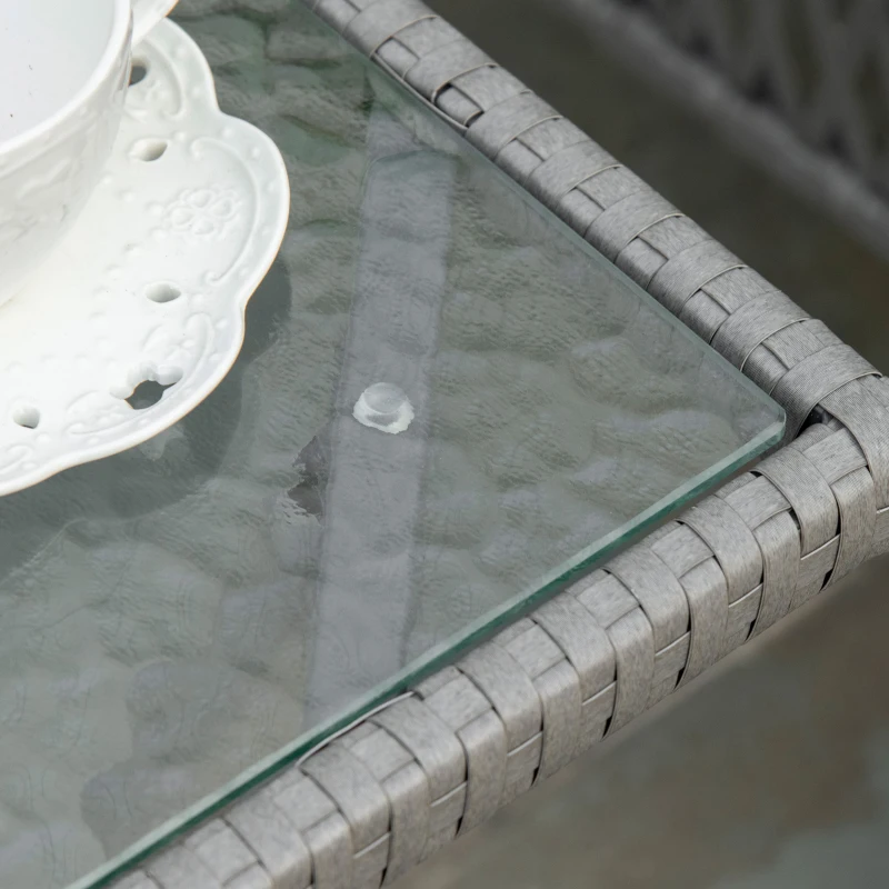 Outsunny 3 Pieces Rattan Bistro Set with Glass Top Coffee Table, Chairs and Cushions for Outdoor, Patio, Balcony, Grey