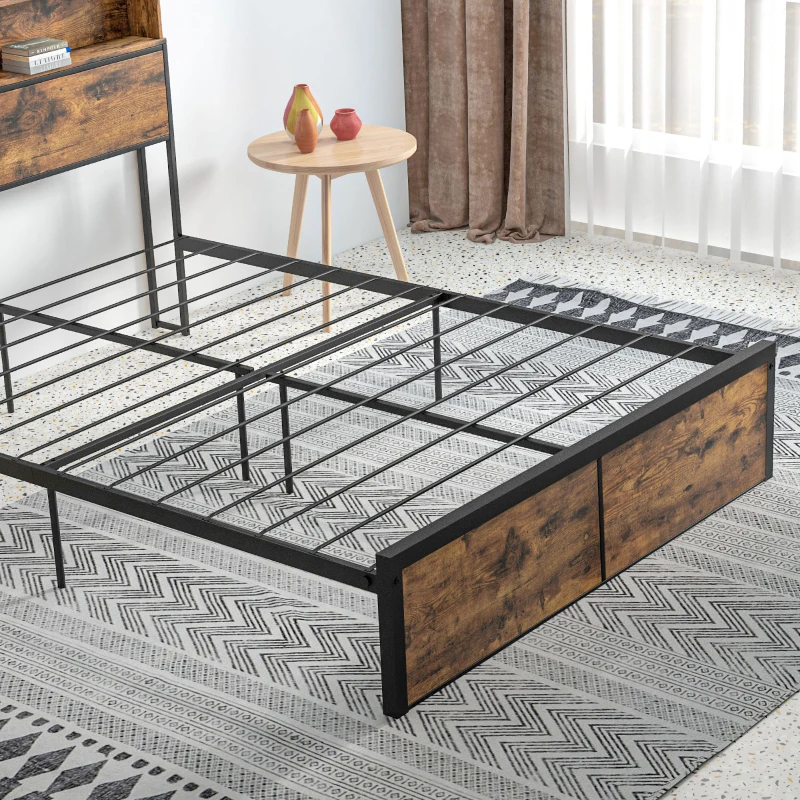 HOMCOM Industrial Double Bed Frame, 4.6FT Steel Bed Base with Storage Headboard, Footboard, Slatted Support and Under Bed Storage, 141 x 207cm, Rustic Brown