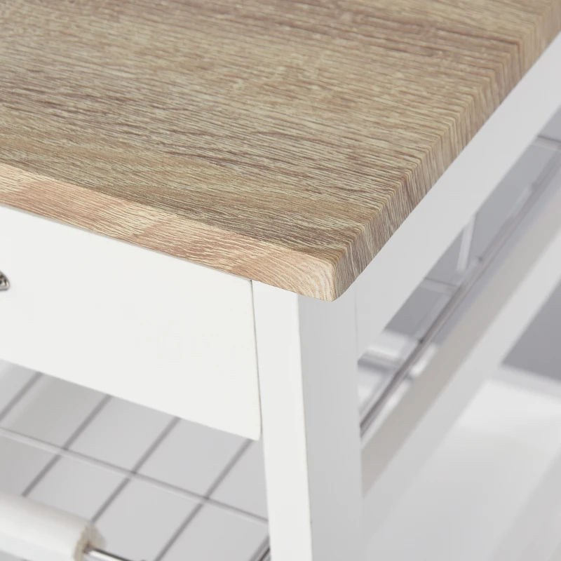 HOMCOM Carrello da Cucina Salvaspazio in Legno di Pino e MDF, Carrello Portaoggetti con Cassetto, Cestello, 2 Vassoi e 4 Ruote Universale, 37x37x82cm, Bianco