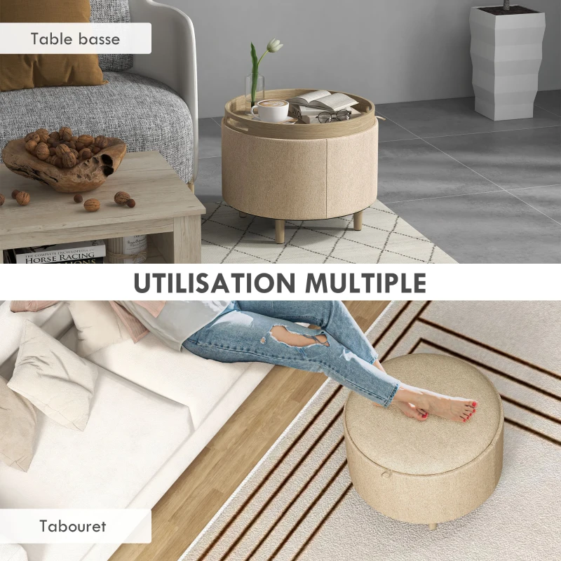 HOMCOM Pouf rond repose-pieds tabouret avec coffre de rangement, plateau réversible, meuble 3 en 1 pied en bois beige