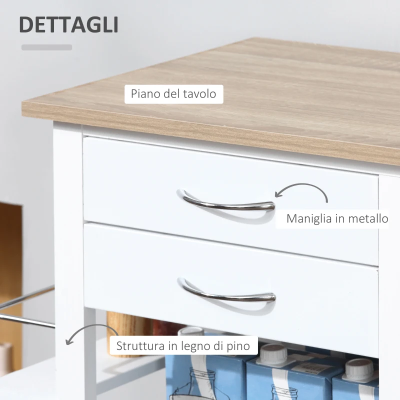 HOMCOM Carrello da Cucina con Ruote, Mobile da Cucina Salvaspazio in Legno Massiccio: 3 Cassetti, 3 Cestelli, 2 Portaspezie, 2 Ripiani, 92x37x82 cm