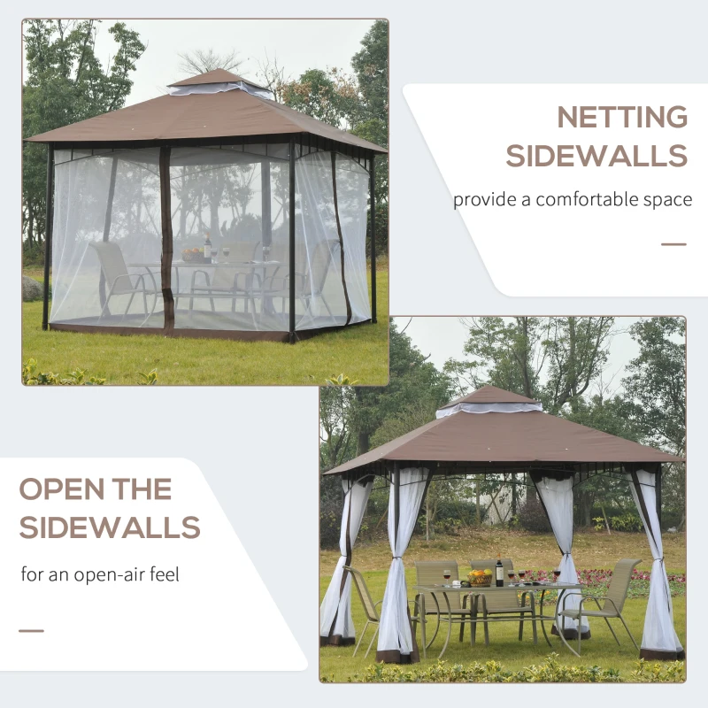 Outsunny 3 x 3 meter Patio Metal Gazebo Square Outdoor Party Wedding Canopy Shelter w/Mesh - Brown