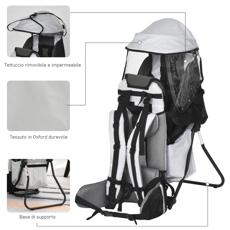 HOMCOM Zaino Porta Bimbo per Trekking, Pieghevole, Impermeabile e con Tettuccio Rimovibile 38x77x87.5cm, Grigio
