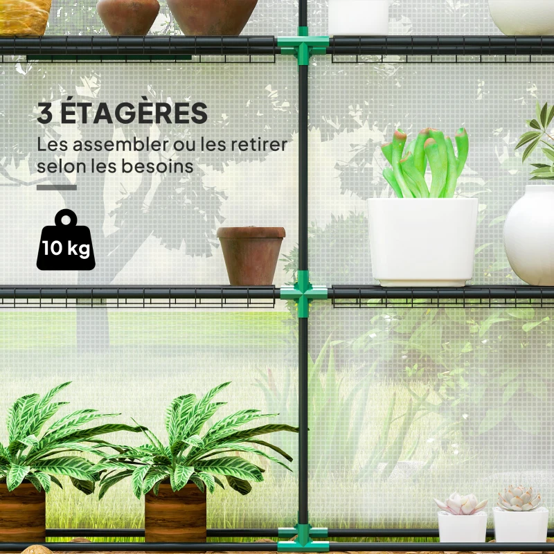 Outsunny Serre de jardin 3 m² avec étagères 3 niveaux, PE renforcée 135 g/m² anti-UV, porte enroulable et fenêtres en maille