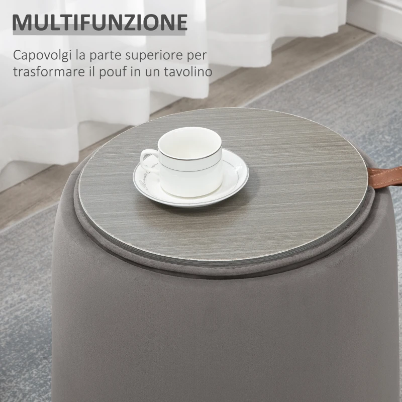 HOMCOM Pouf Contenitore in Velluto 2 in 1 Convertibile in Tavolino da Caffè, Ø44x47.5cm, Grigio