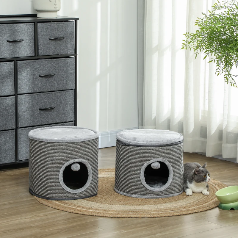 PawHut Tour pour chat modulable tonneau griffoir chat avec fermeture éclair séparable 3 niveaux deux balles Ø 42 x 69H cm gris