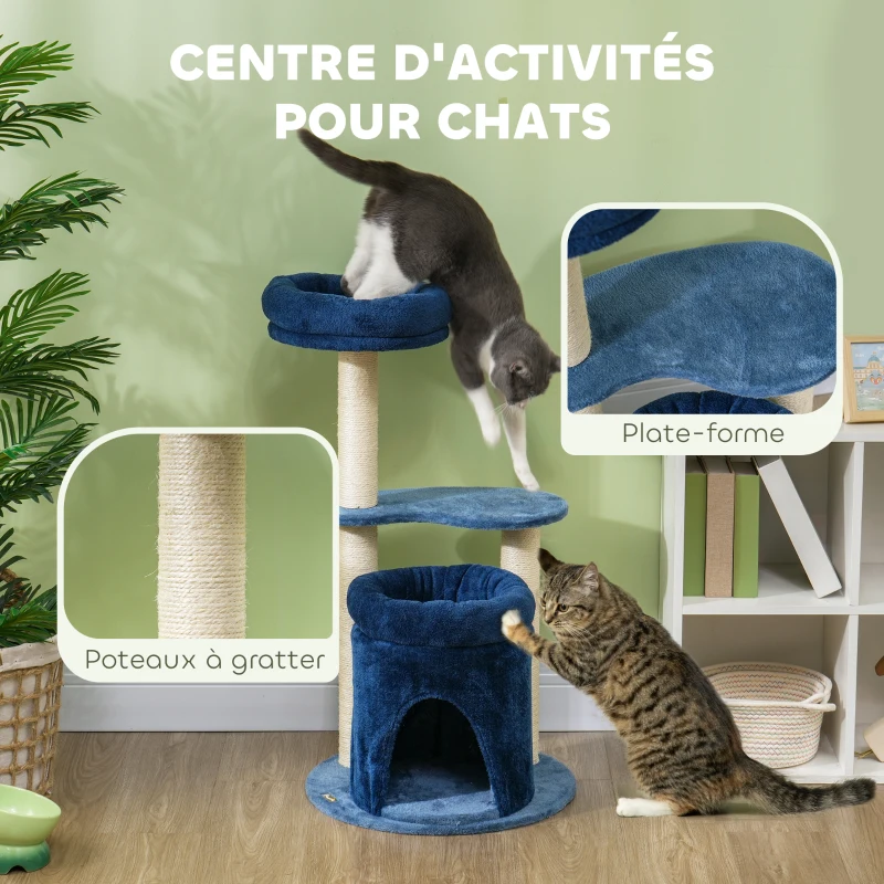 PawHut Arbre à chat, arbre à grimper pour chat, avec poteaux à griffer en sisal naturel, hauteur de 85 cm, bleu foncé, crème