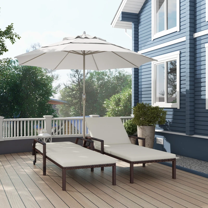 Outsunny Outdoor PE Rattan Sun Lounger Set of 2, Wicker Chaise Recliner Garden Chair with 5-Level Adjustable Backrest and 2 Wheels, Cream White