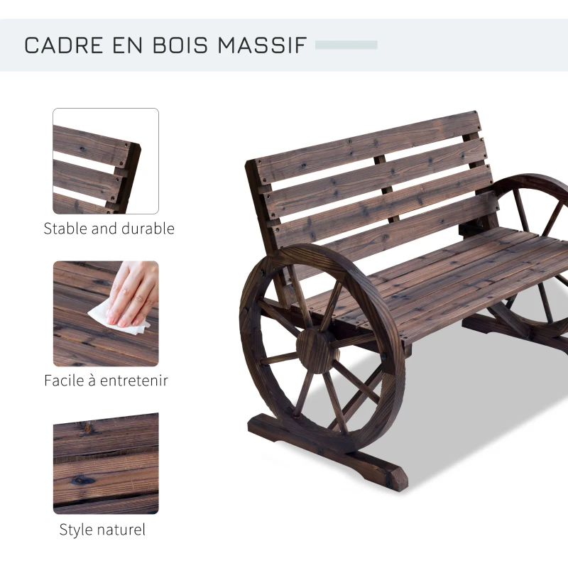 Outsunny Banc de Jardin banc 3 places banc en bois Style Rustique Chic accoudoirs Roues Charette Bois Sapin traité carbonisation