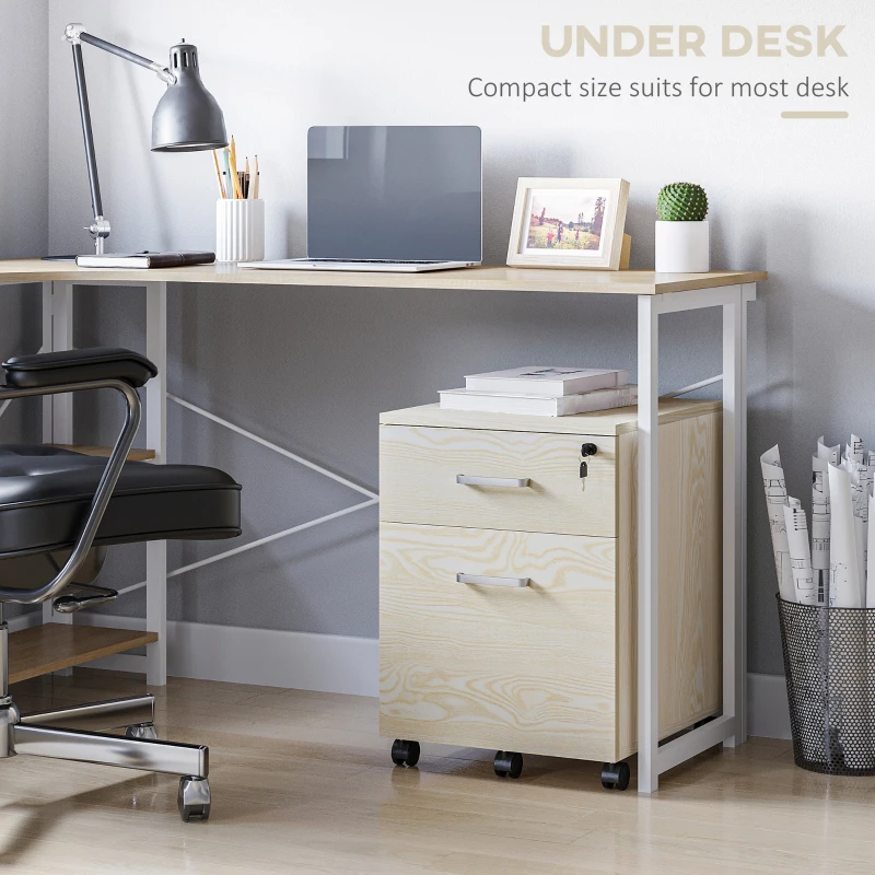 Vinsetto 2-Drawer Locking Office Filing Cabinet w/ 5 Wheels Rolling Storage Hanging A4 Cupboard Home Organisation, Oak Wood Grain