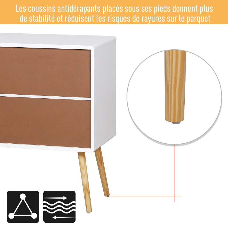 HOMCOM Commode meuble de rangement 3 tiroirs dim. 73L x 40l x 82H cm MDF blanc bois massif pin