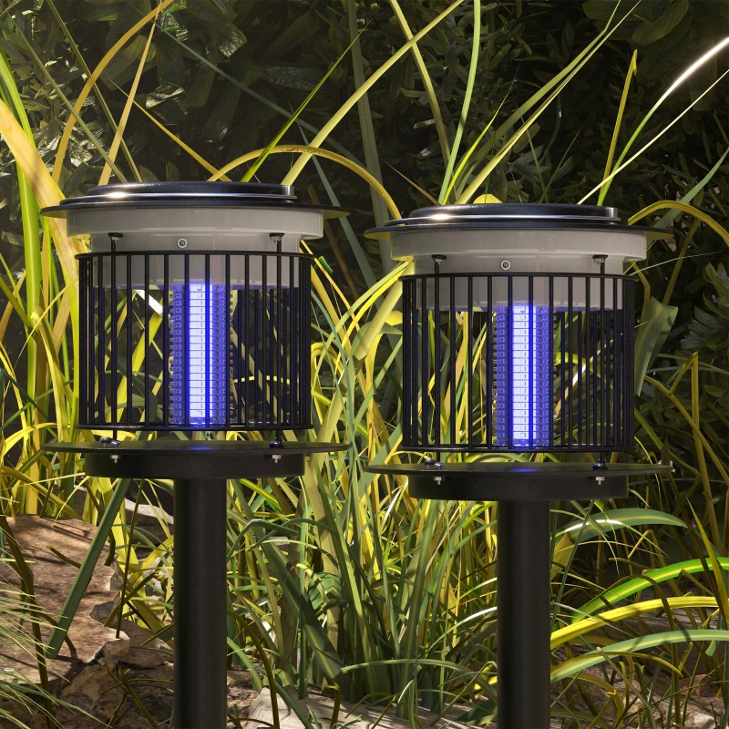 Outsunny Set 2 Lampade Antizanzare da Esterno 2 in 1 con Luce LED e UV, Ricarica Solare e USB, Nero