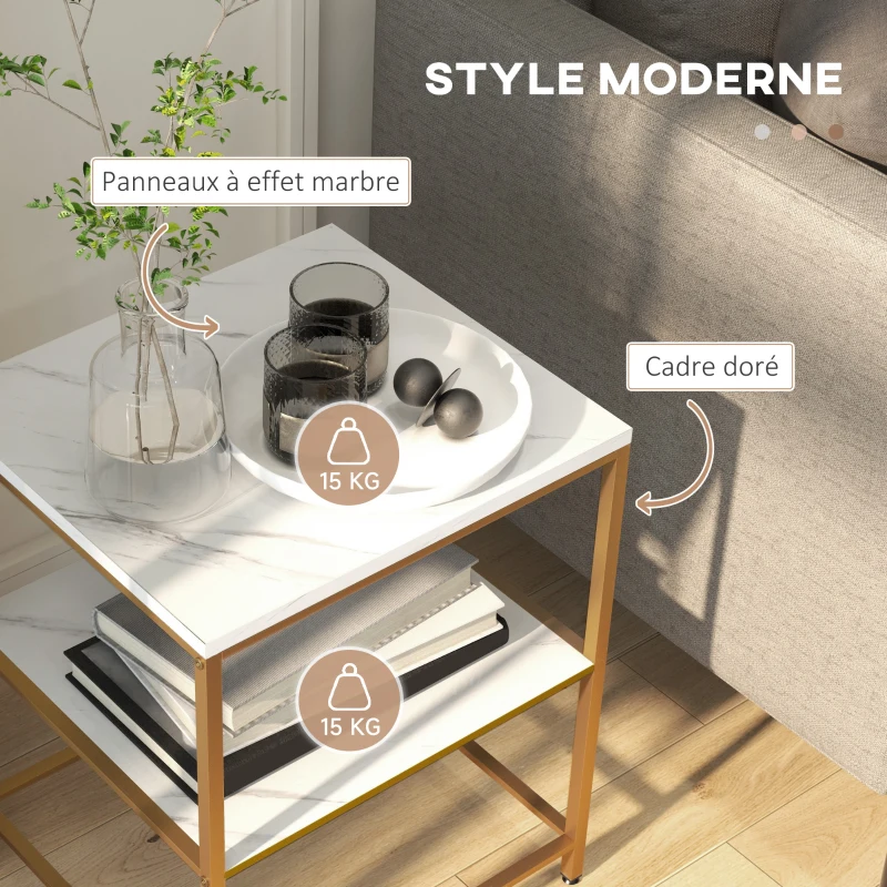 HOMCOM Table d'appoint, bout de canapé avec 2 étagères effet marbre et structure en métal doré, 44L x 40l x 54,5H cm