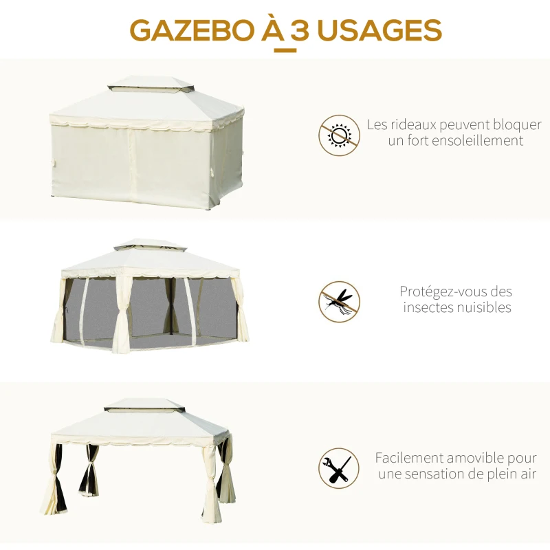 Outsunny Tonnlle de jardin barnum pavillion de jardin double toit avec parois et moustiquaires et amovibles 4 x 3 m crème