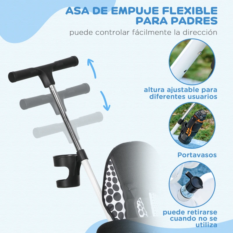 HOMCOM Triciclo para Bebés de +12 Meses con Toldo Plegable Mango de Empuje Telescópico y Desmontable y Portabotellas Blanco
