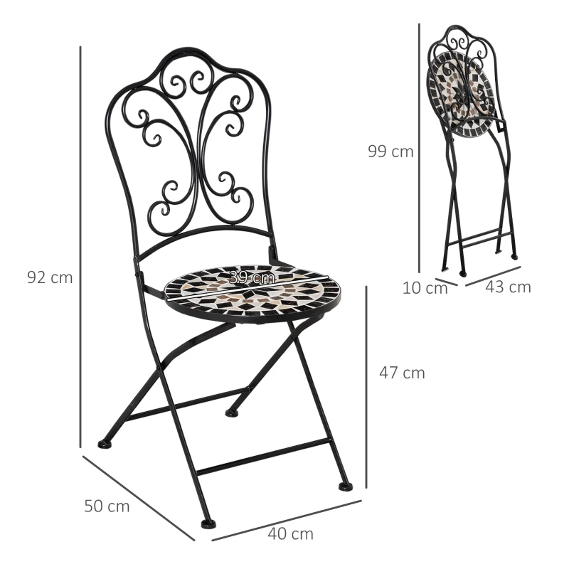 Outsunny Set de 2 Sillas de Jardín Plegables con Asiento de Mosaico Cerámico y Marco de Metal Carga 120 kg para Bistró Terraza Patio Exterior 40x50x92 cm Negro