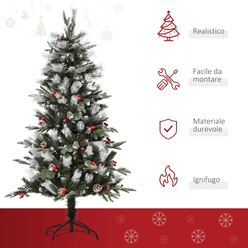 HOMCOM Albero di Natale Innevato 150cm con Bacche Rosse e Pigne Bianche, Base Rimovibile Pieghevole, 440 Rami, Verde
