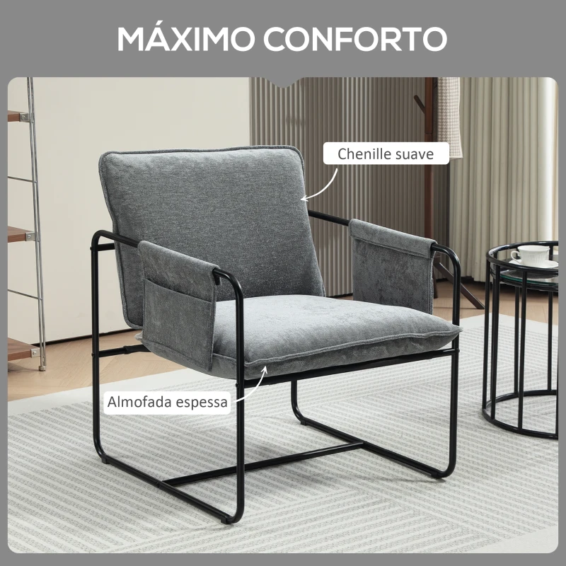 HOMCOM Poltrona Sala de Estar com Apoio para os Braços Bolso Lateral e Estrutura de Aço Poltrona para Dormitório 68x76x81 cm Cinza