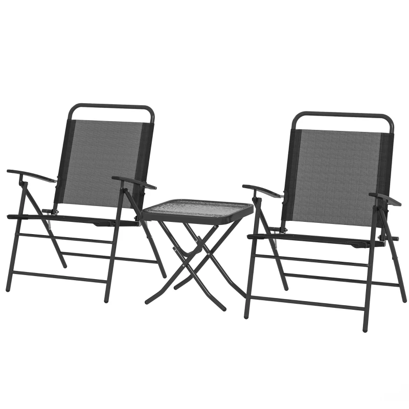 Outsunny Conjunto de Mesa e Cadeiras de 3 Peças Móveis de Jardim Dobráveis com Encosto Ajustável e Bancada de Vidro Preto