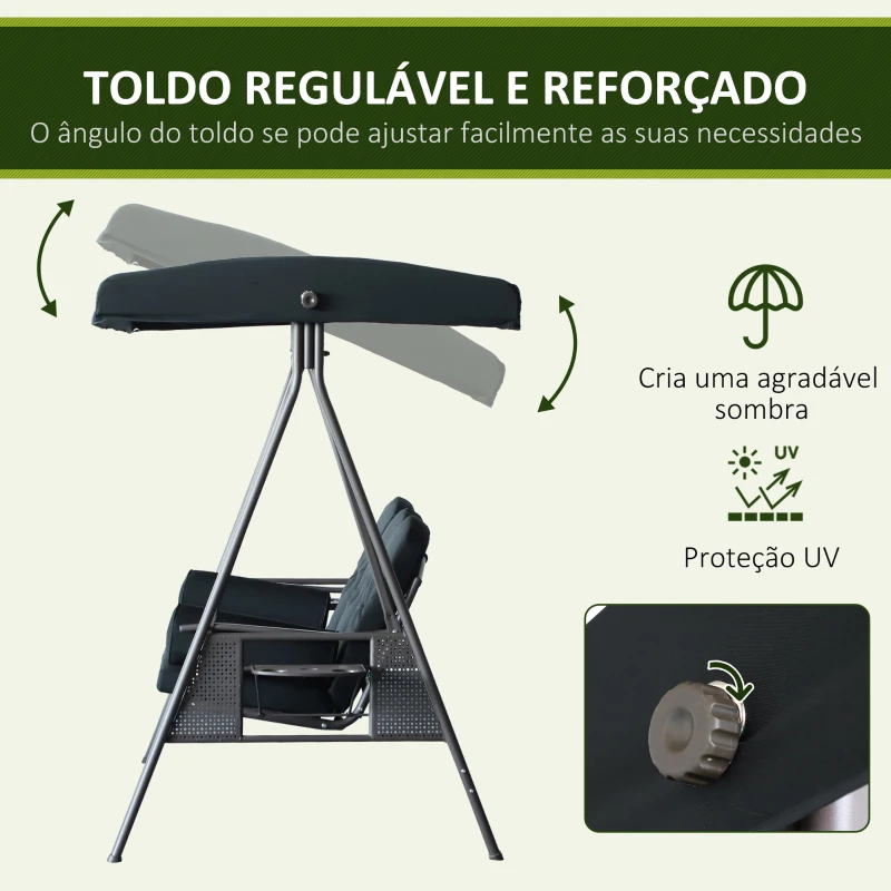 Outsunny Banco Baloiço de Jardim de 3 Lugares com Teto 2 Almofadas Suporte para Bebidas 207x120,5x174 cm Preto