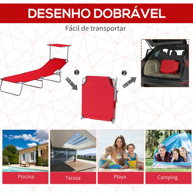 Outsunny Espreguiçadeira de Jardim Dobrável com Toldo Removível e Ajustável  e Encosto Ajustável 187x58x36 cm Vermelho