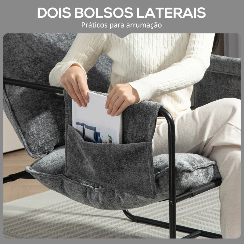 HOMCOM Poltrona Sala de Estar com Apoio para os Braços Bolso Lateral e Estrutura de Aço Poltrona para Dormitório 68x76x81 cm Cinza