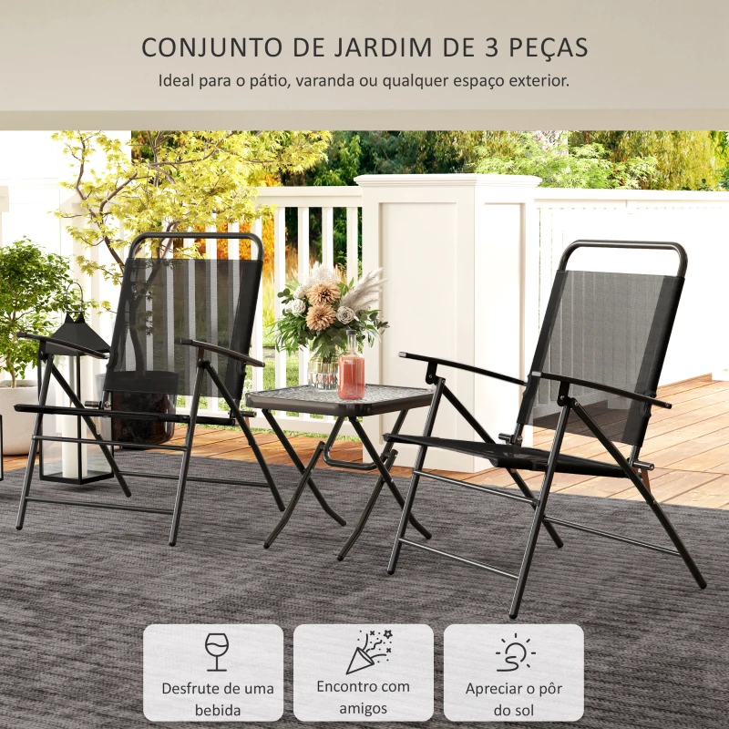 Outsunny Conjunto de Mesa e Cadeiras de 3 Peças Móveis de Jardim Dobráveis com Encosto Ajustável e Bancada de Vidro Preto
