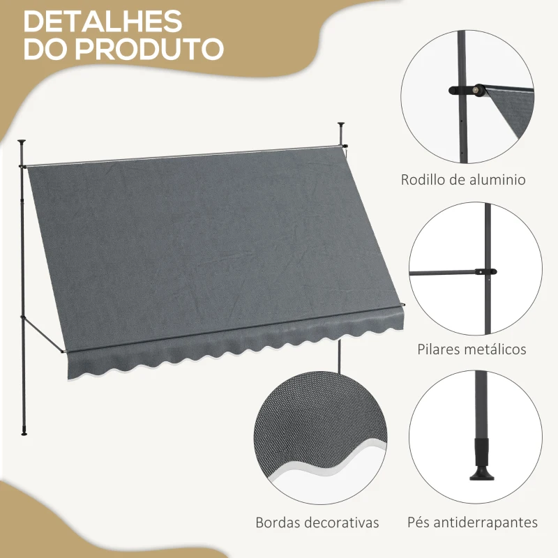 Outsunny Toldo Manual Retrátil com Manivela 350x120x210-300 cm com Altura Ajustável Impermeável para Jardim Varanda Cinza Escuro