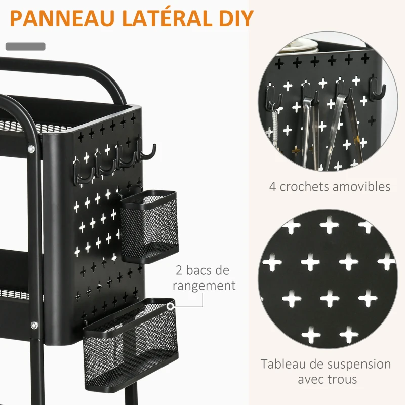 HOMCOM Desserte chariot de rangement pour bureau en métal chariot de service à roulettes 3 niveaux avec 2 range-couverts 4 crochets dim.51,5L x 32l x 75,6H cm - noir