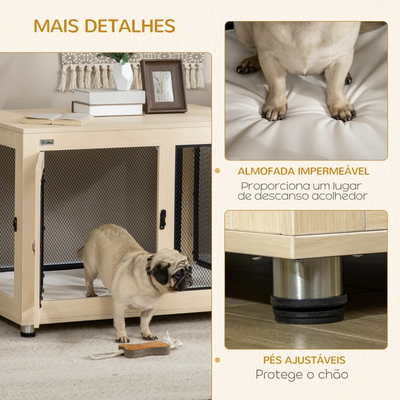 PawHut Gaiola para Cães de Madeira Mesa de Centro l com 2 Portas com Fechadura Almofada de Tecido Oxford 94x60x71,5 cm Madeira